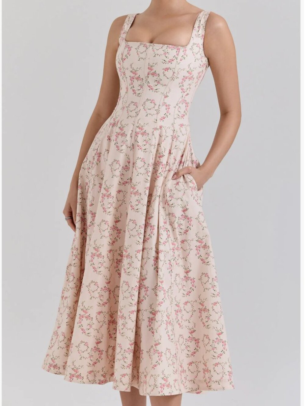 House of CB Mariabella Cream Floral Print Cotton Midi Sun Dress Size Small NWT - Picture 6 of 12